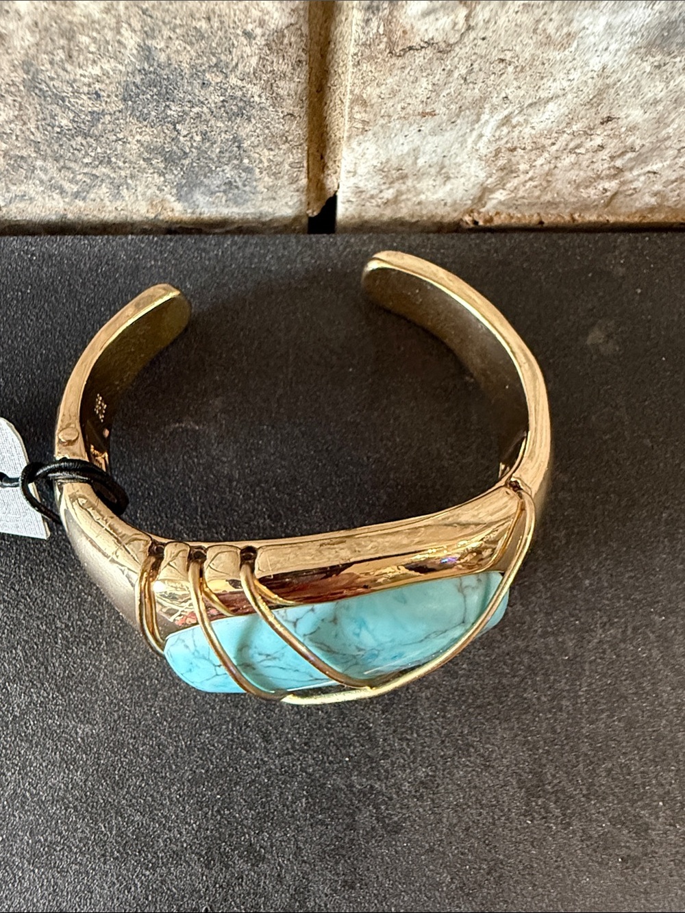Morris Gold with Turquoise Stone Oval Accent Cuff - Picture 2 of 6